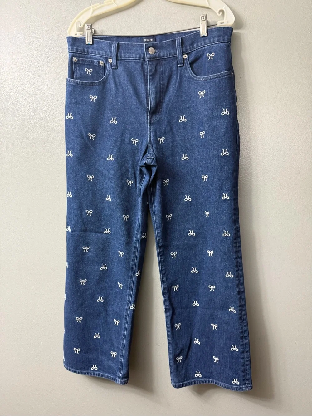 J Crew Slim Wide Leg Jeans Womens 30 Blue Denim Bow Embroidered Cotton